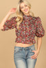 FLORAL HIGH NECK RUFFLE DETAIL PUFF SLEEVE CROP TOP