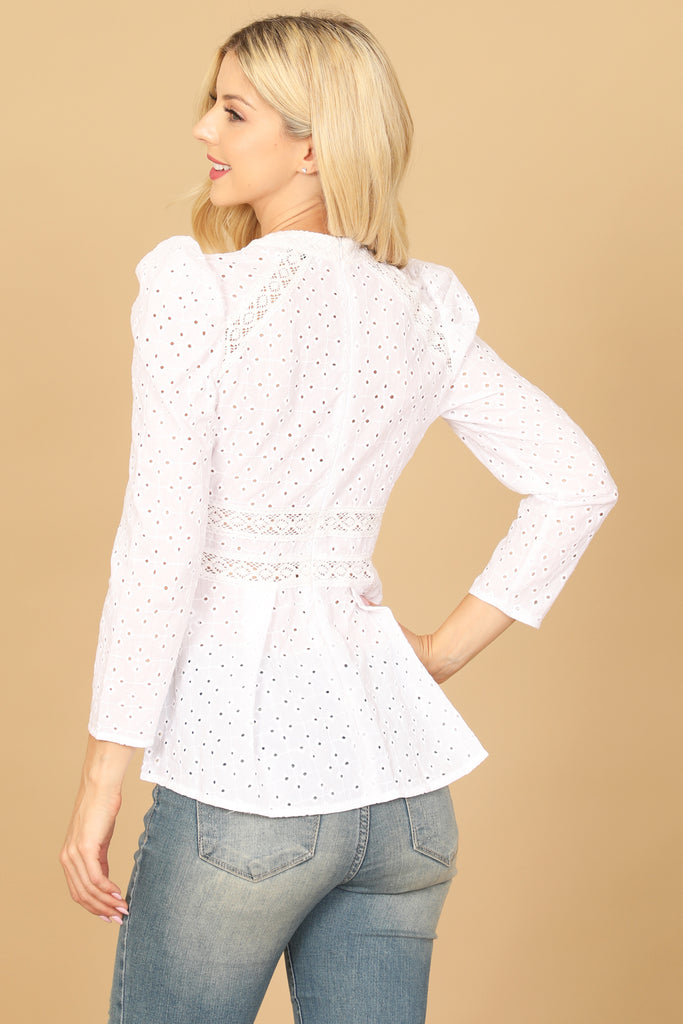 EYELET LONG PUFF SLEEVE TOP