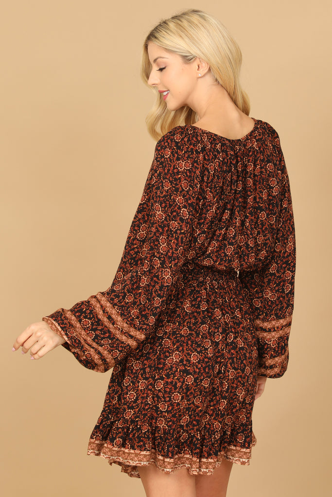 LONG PUFF SLEEVE CINCH WAIST PRINTED DRESS