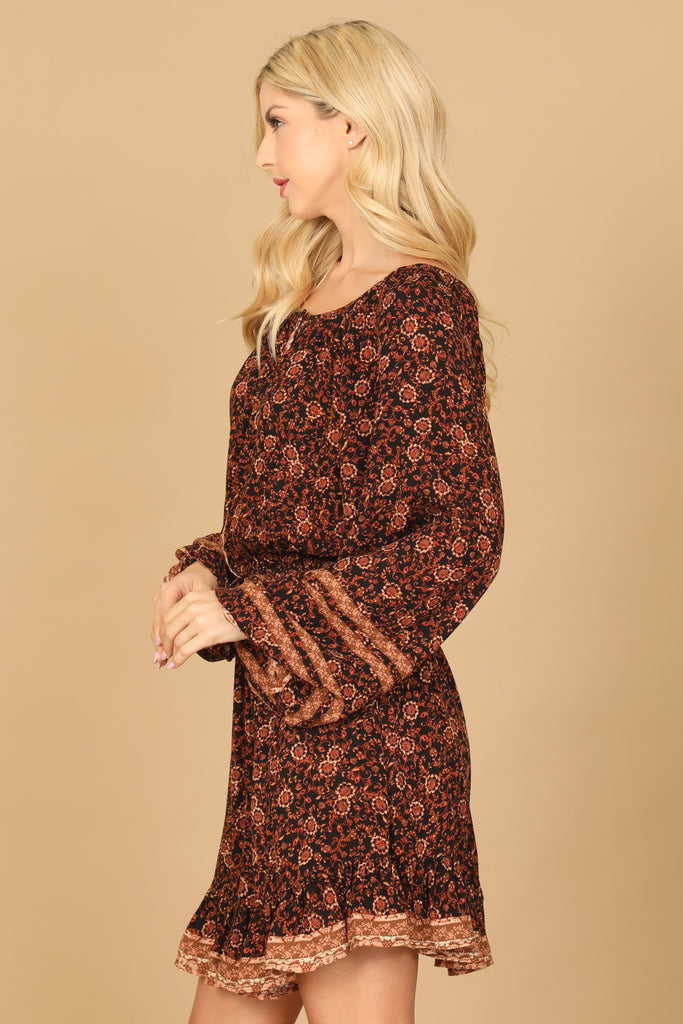 LONG PUFF SLEEVE CINCH WAIST PRINTED DRESS