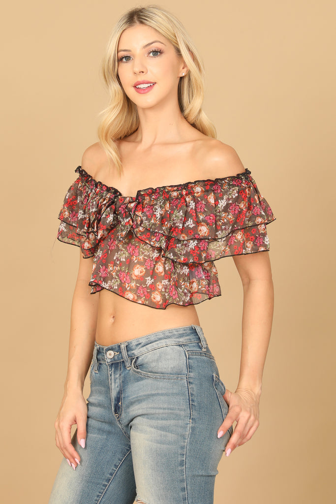 FLORAL RUFFLE OFF SHOULDER CROP TOP