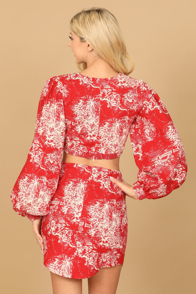 LONG PUFF SLEEVE TIE FRONT PRINTED TOP & SKIRT SET