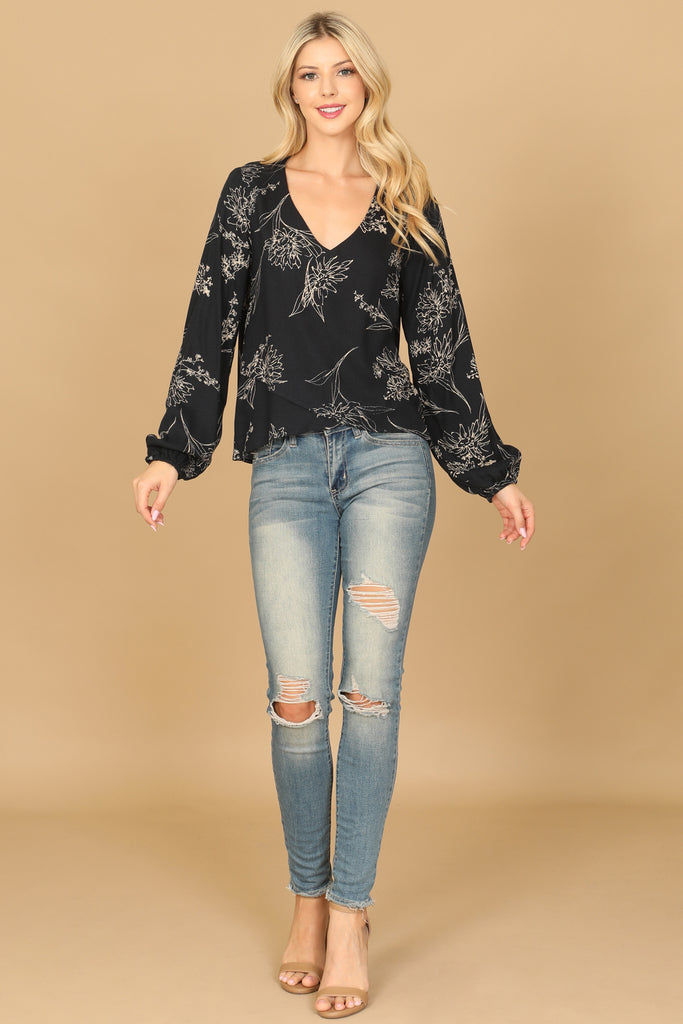 V-NECK FLORAL LONG PUFF SLEEVE TOP