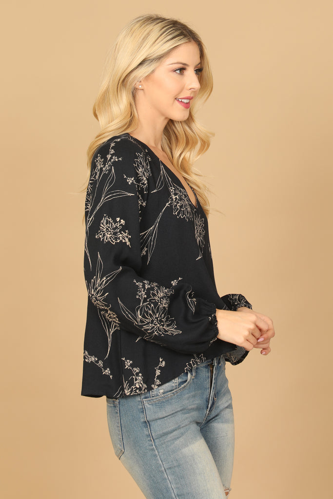 V-NECK FLORAL LONG PUFF SLEEVE TOP