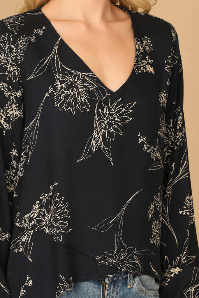 V-NECK FLORAL LONG PUFF SLEEVE TOP