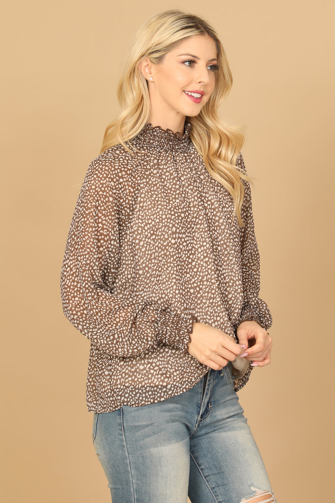 SMOCKED HIGH NECK LONG CUFF SLEEVE PRINTED TOP