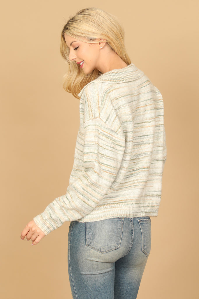 MULTI NOTCH COLLARED NECK LINES SWEATER