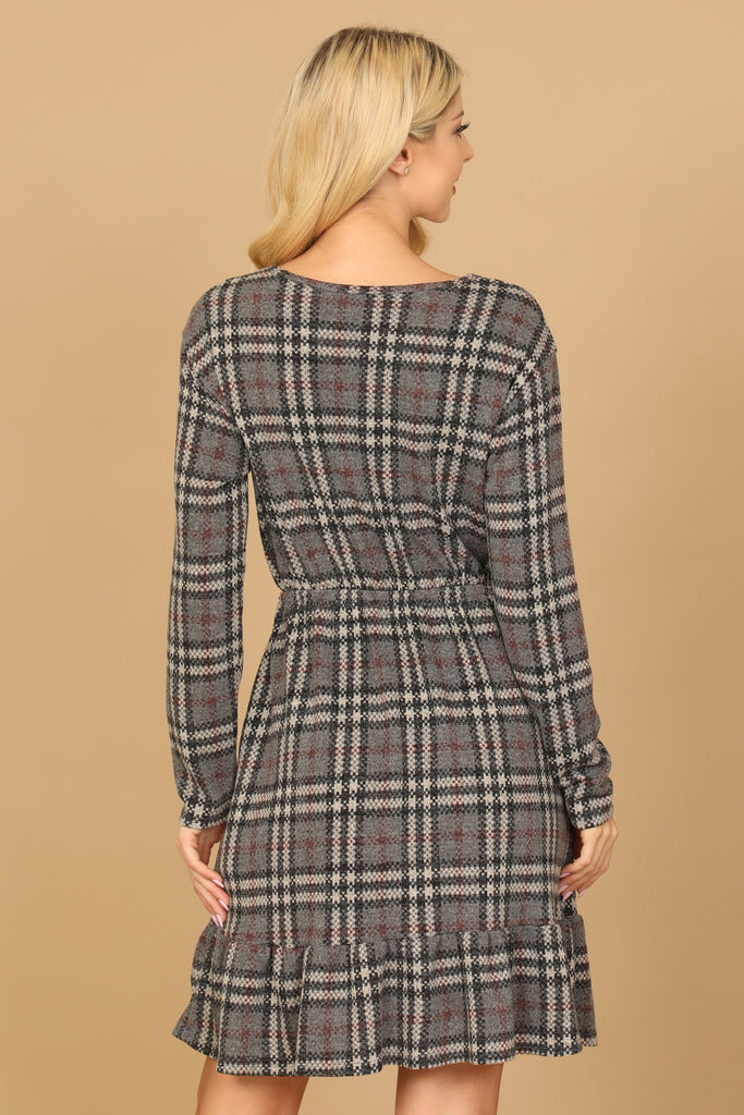 LONG SLEEVE PLAID RUFFLE HEM DRESS