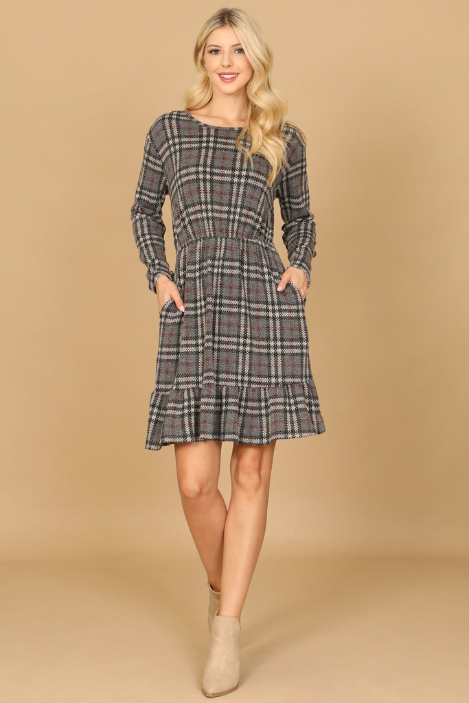 LONG SLEEVE PLAID RUFFLE HEM DRESS