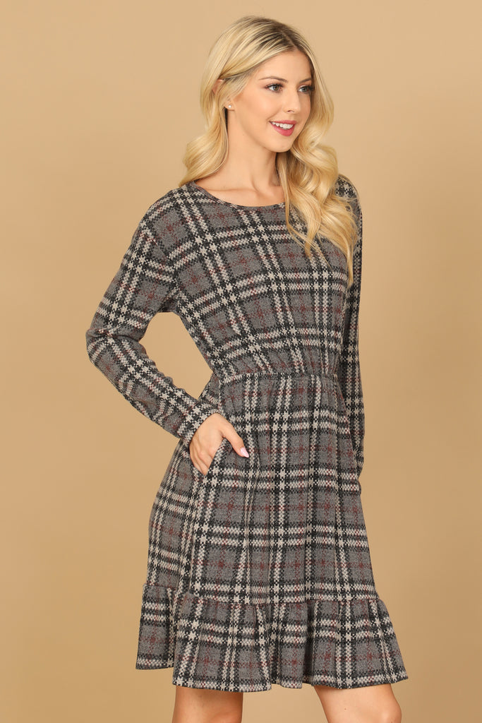 LONG SLEEVE PLAID RUFFLE HEM DRESS