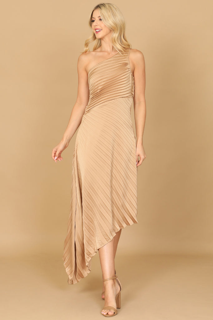 ONE SHOULDER ASSYMETRICAL HEM PLEATED DRESS