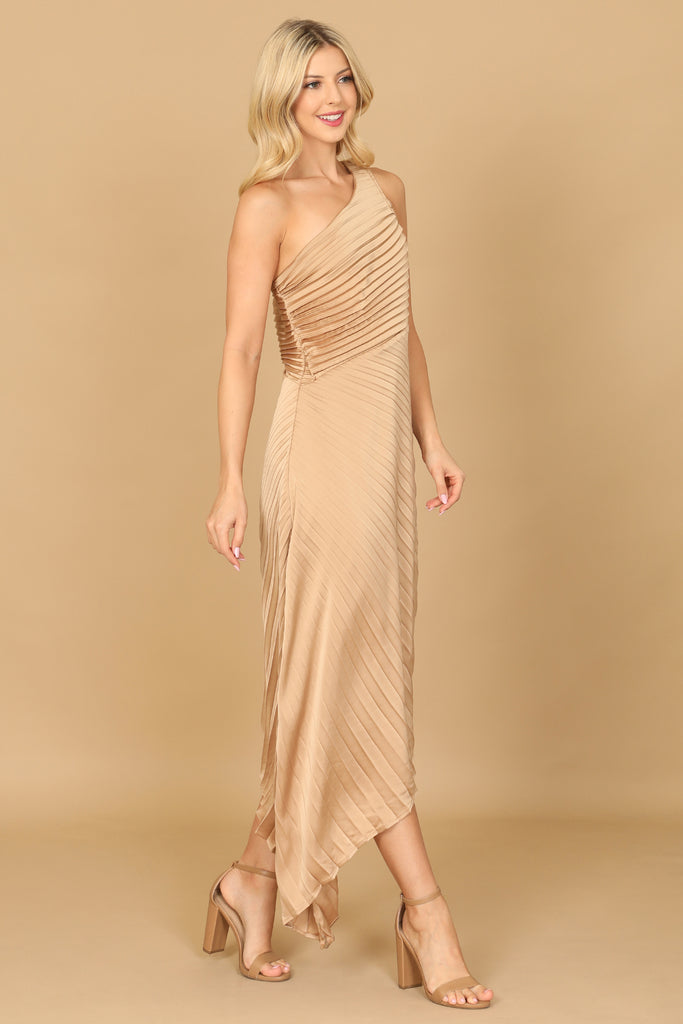 ONE SHOULDER ASSYMETRICAL HEM PLEATED DRESS