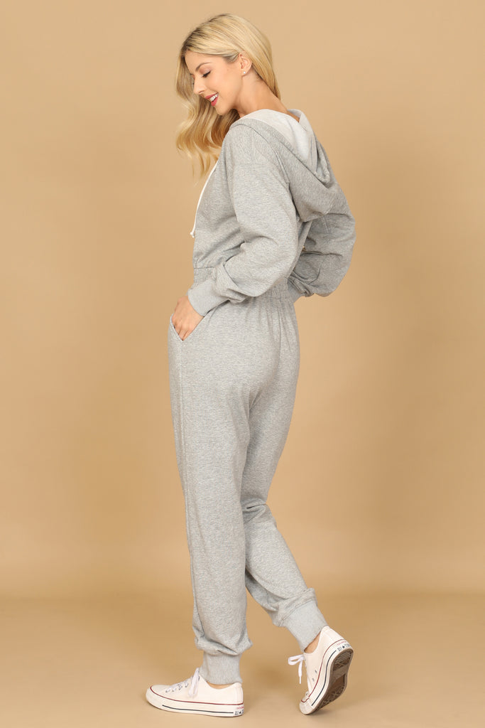 LONG SLEEVE HOODIE ZIP-UP ELASTIC WAIST JUMPSUIT