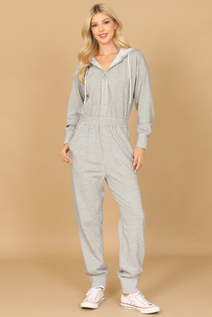 LONG SLEEVE HOODIE ZIP-UP ELASTIC WAIST JUMPSUIT