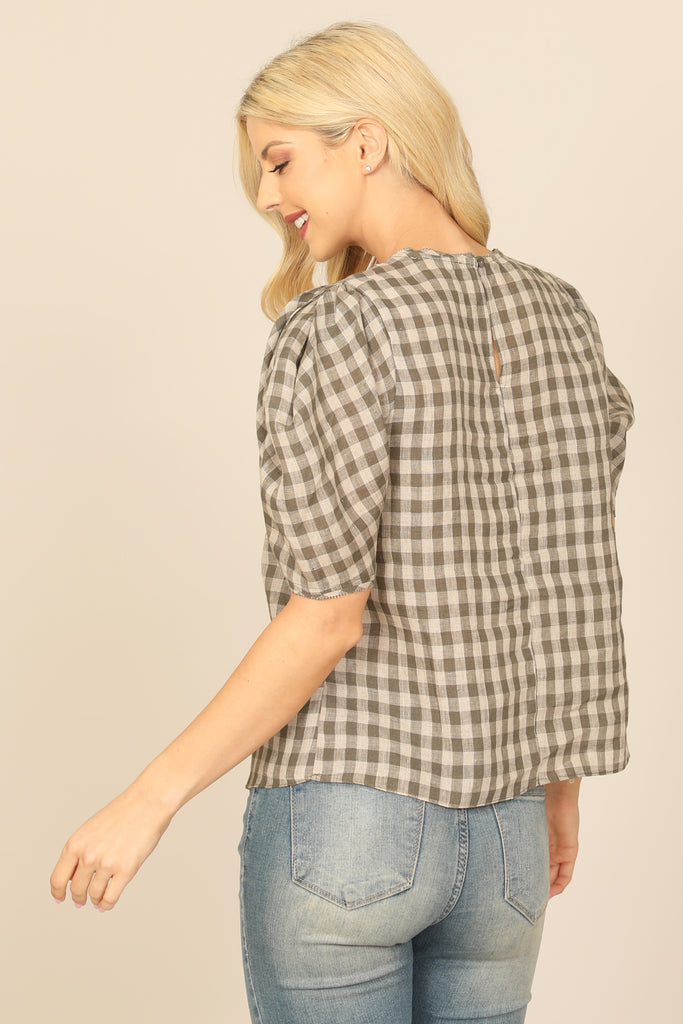 PLAID HALF PUFF SLEEVE TOP