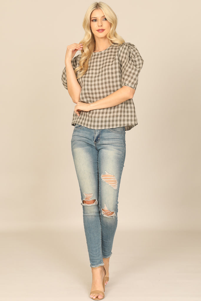 PLAID HALF PUFF SLEEVE TOP