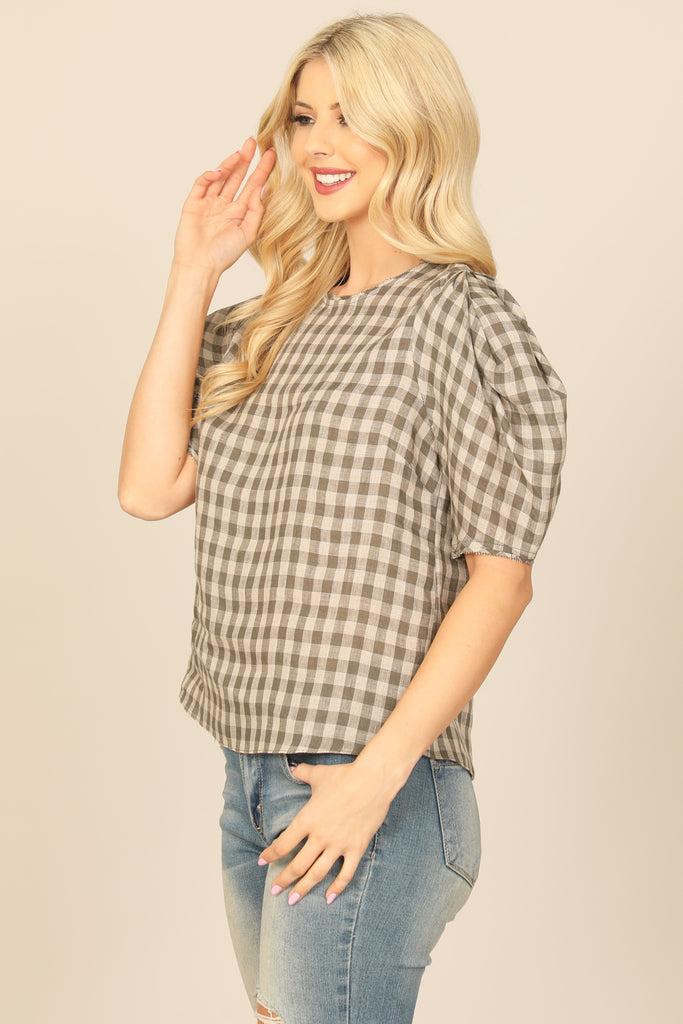 PLAID HALF PUFF SLEEVE TOP