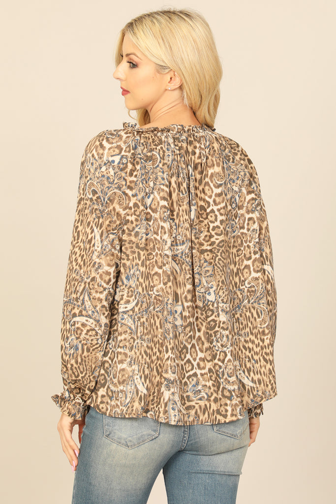 LEOPARD KEYHOLE TIE RUFFLE LONG PUFF SLEEVE TOP