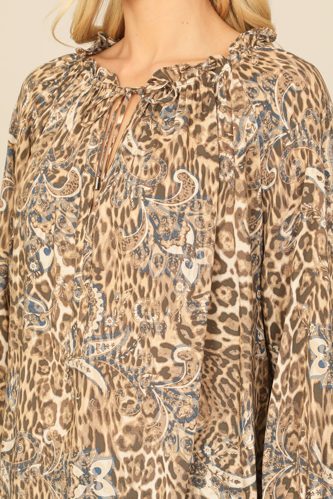 LEOPARD KEYHOLE TIE RUFFLE LONG PUFF SLEEVE TOP