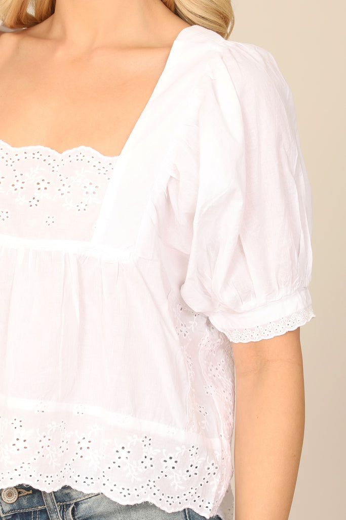 PUFF SLEEVE EYELET LACE DETAIL HANGING TOP