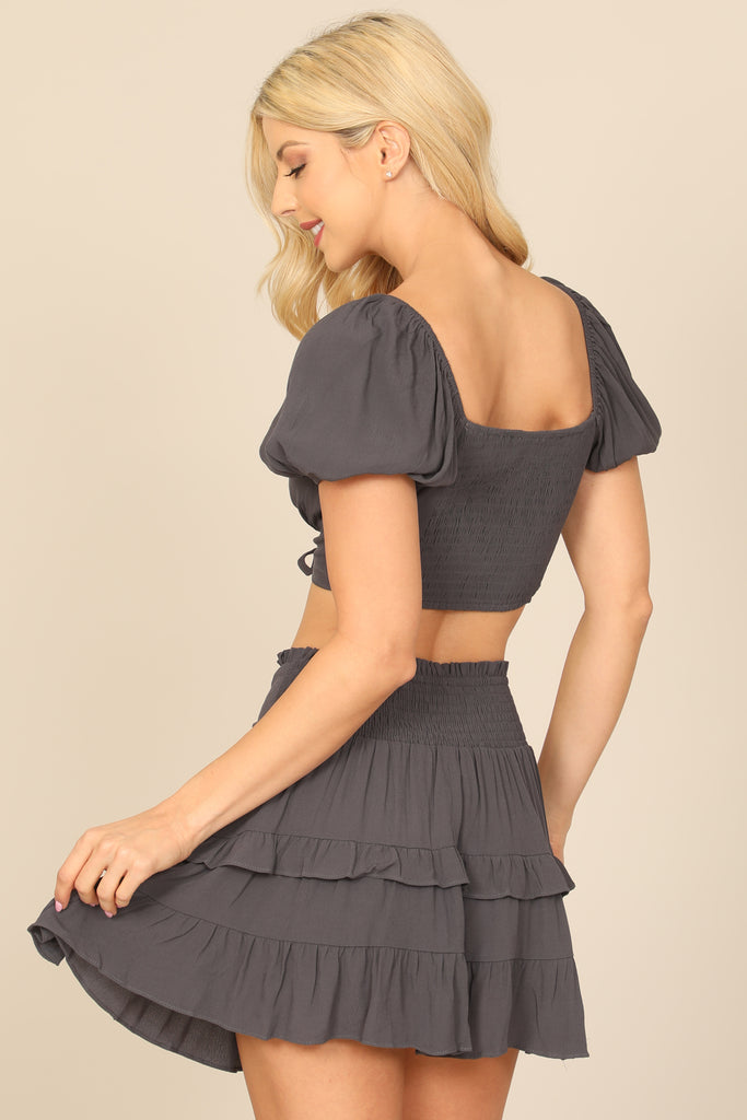 PUFF SLEEVE FRONT CUT-OUT CROP TOP & RUFFLE SKIRT SET