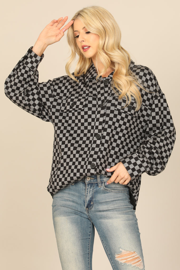 CHECKERED LONG SLEEVE BUTTON DOWN JACKET