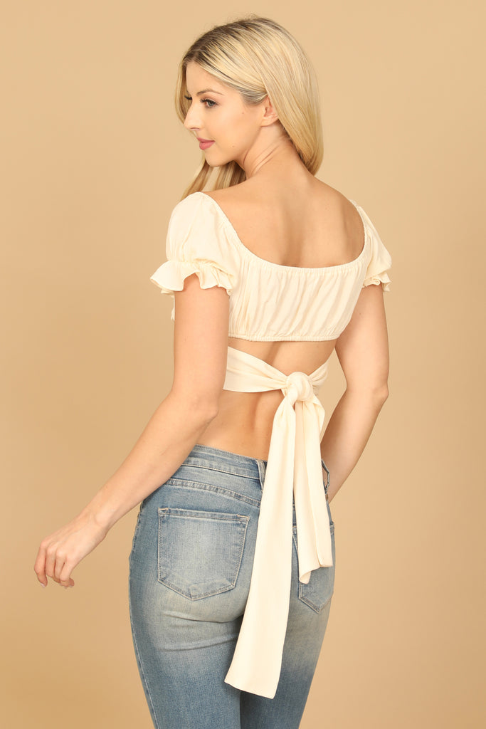 PUFF SLEEVE TIE BACK CROP TOP