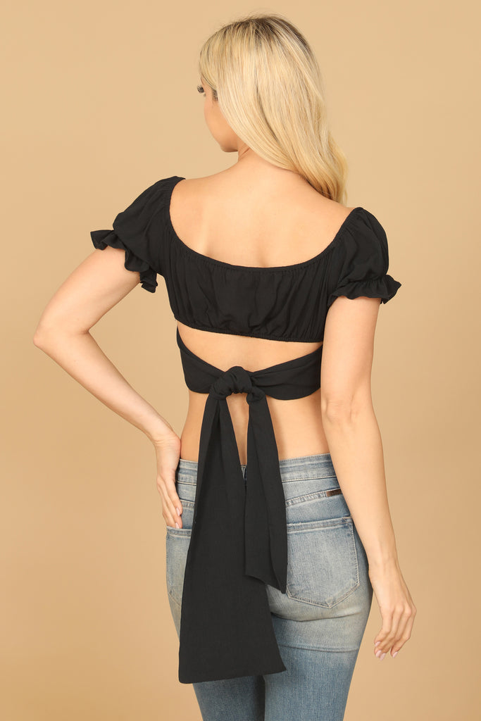 PUFF SLEEVE TIE BACK CROP TOP