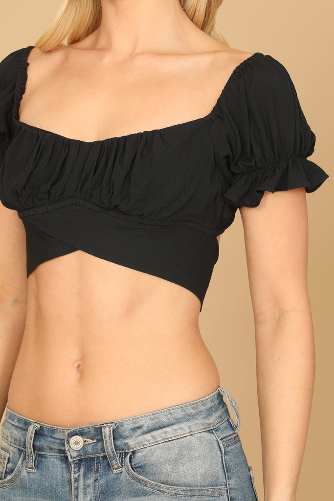 PUFF SLEEVE TIE BACK CROP TOP