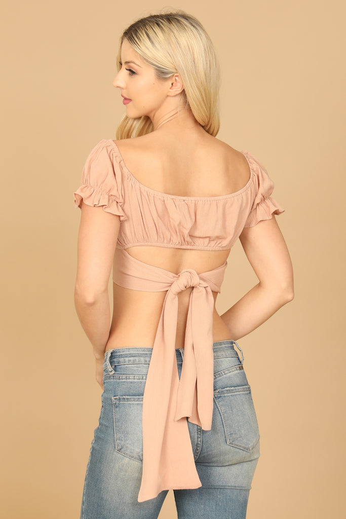 PUFF SLEEVE TIE BACK CROP TOP