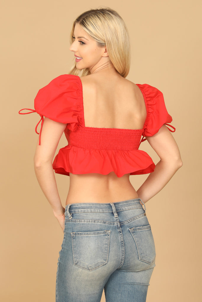 PUFF TIE SLEEVE SWEETHEART NECK RUFFLE CROP TOP