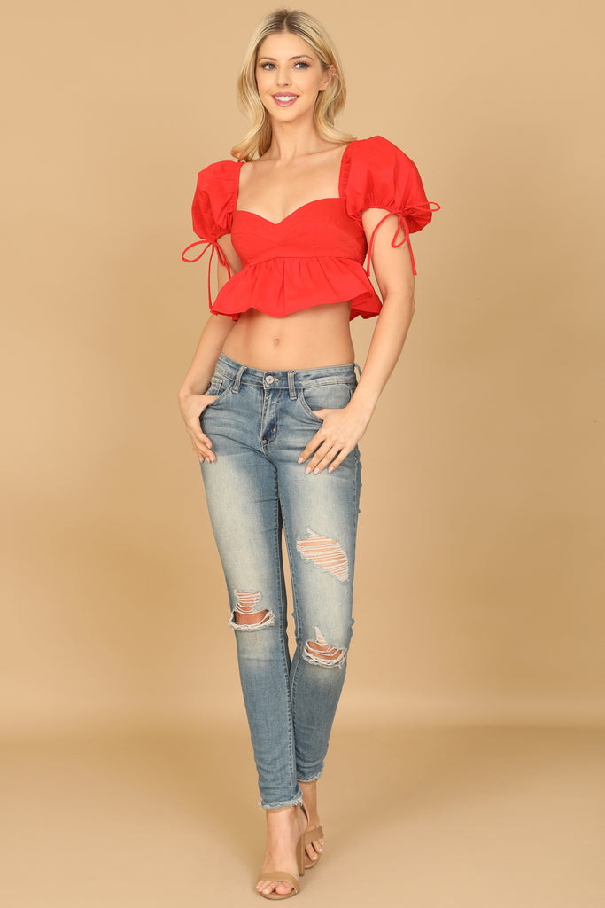 PUFF TIE SLEEVE SWEETHEART NECK RUFFLE CROP TOP