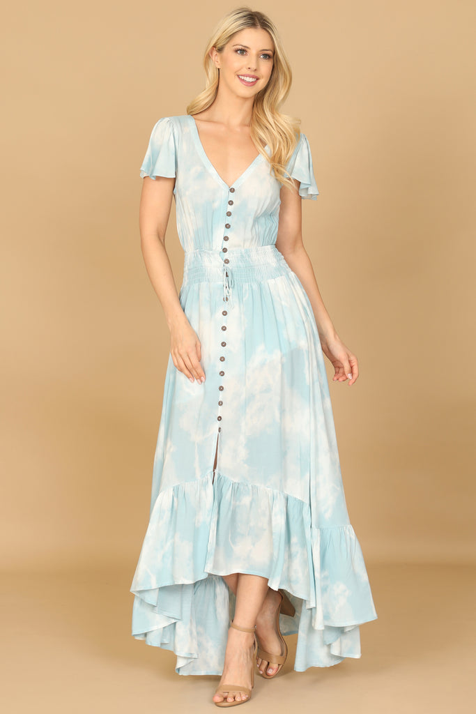 V-NECK BUTTON DETAIL RUFFLE SLEEVE HI-LOW HEM TIE DYE MAXI DRESS