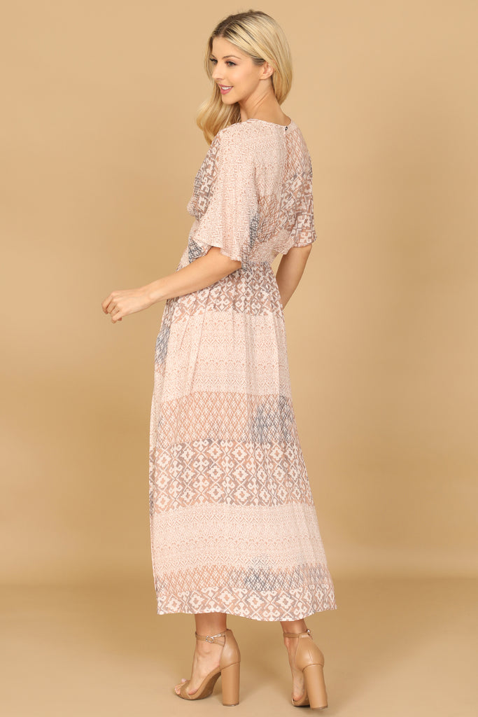 DEEP NECK DOLMAN SLEEVE SIDE SLIT PRINTED MAXI DRESS