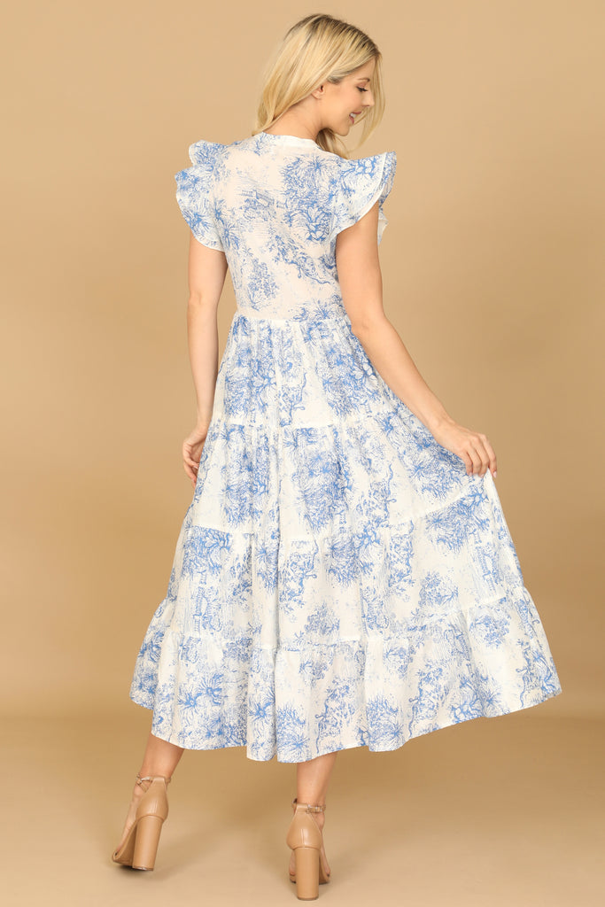 BUTTERFLY SLEEVE PRINTED TIERED MIDI DRESS