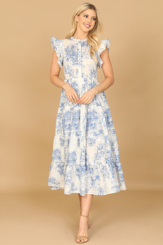 BUTTERFLY SLEEVE PRINTED TIERED MIDI DRESS