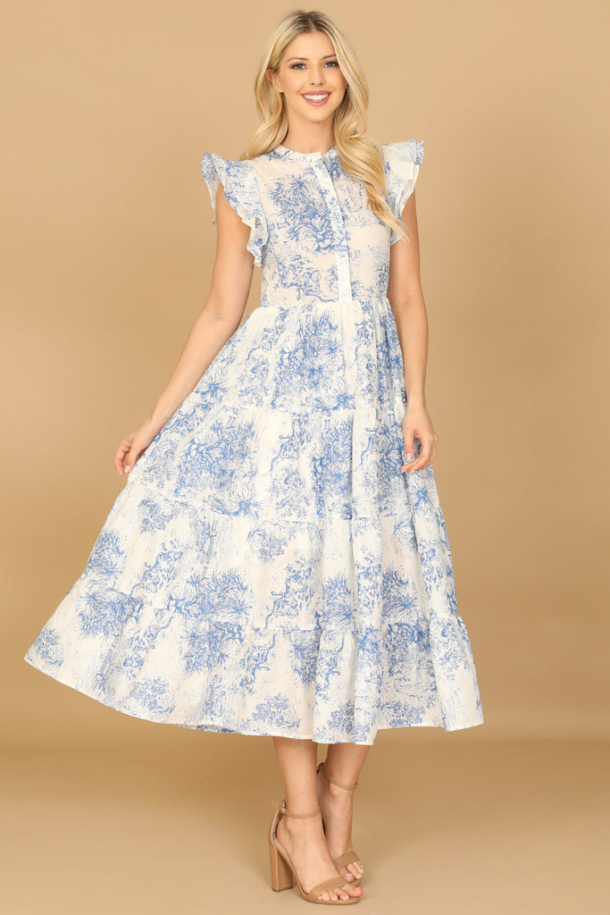 BUTTERFLY SLEEVE PRINTED TIERED MIDI DRESS