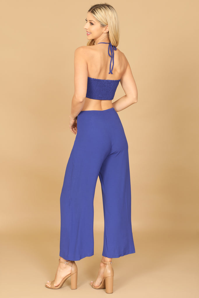 SPAGHETTI STRAP SOLID CROP TOP & PANTS SET