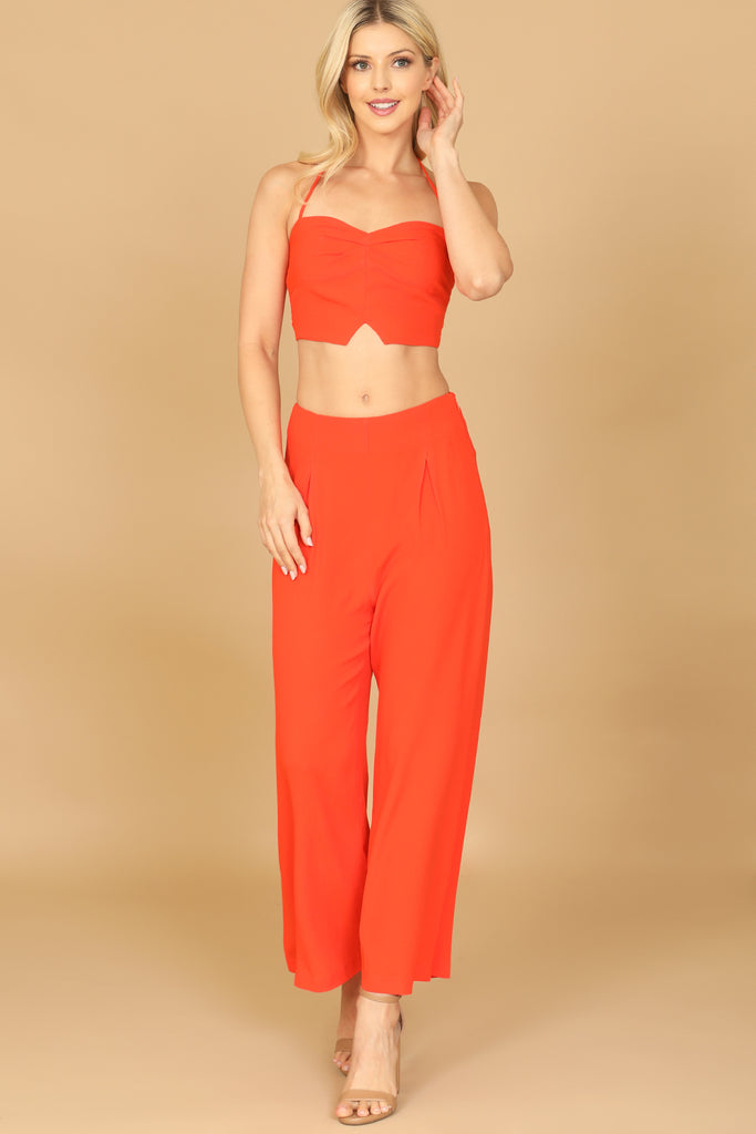 SPAGHETTI STRAP SOLID CROP TOP & PANTS SET