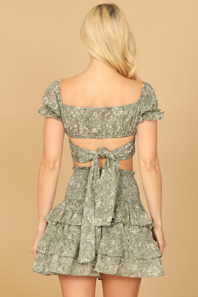 FLORAL PUFF SLEEVE CROSS CROP TOP & RUFFLE SKIRT SET