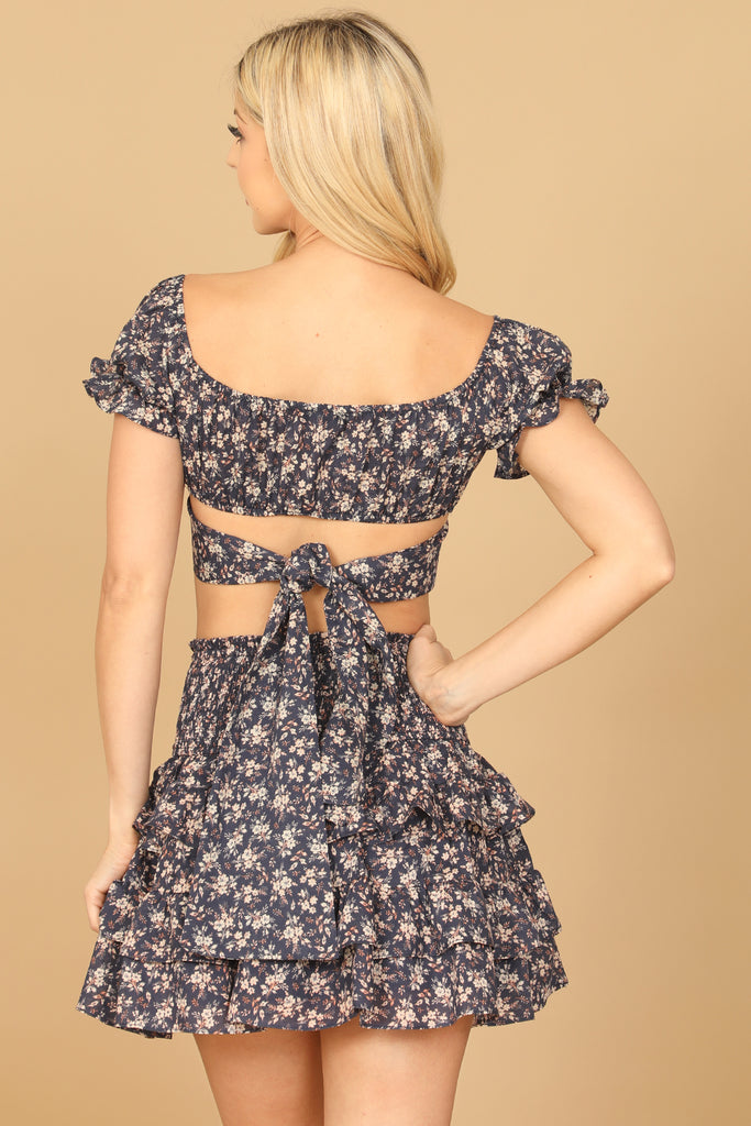 FLORAL PUFF SLEEVE CROSS CROP TOP & RUFFLE SKIRT SET