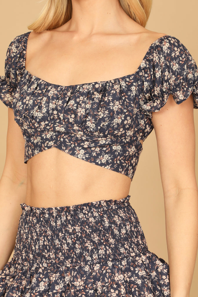 FLORAL PUFF SLEEVE CROSS CROP TOP & RUFFLE SKIRT SET