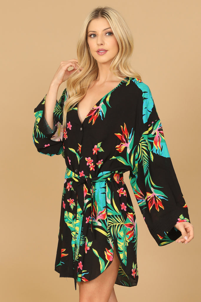 TROPICAL LONG SLEEVE BUTTON DOWN WAIST TIE CURVE HEM MINI DRESS