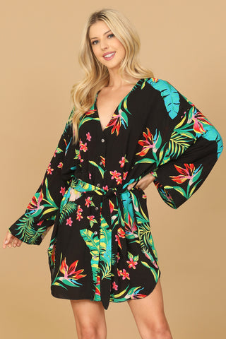 QUARTER PUFF SLEEVE V-NECK FLORAL MAXI DRESS