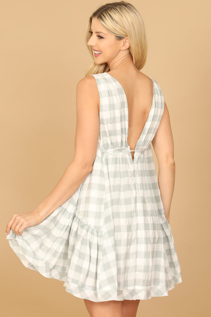 PLUNGING TIE RUFFLE DETAIL CHECKERED MINI DRESS