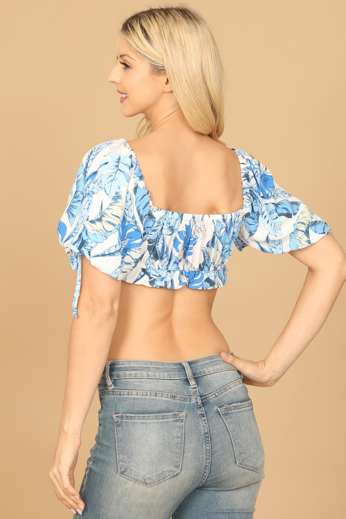 PUFF TIE SLEEVE RUFFLE PRINTED CROP TOP