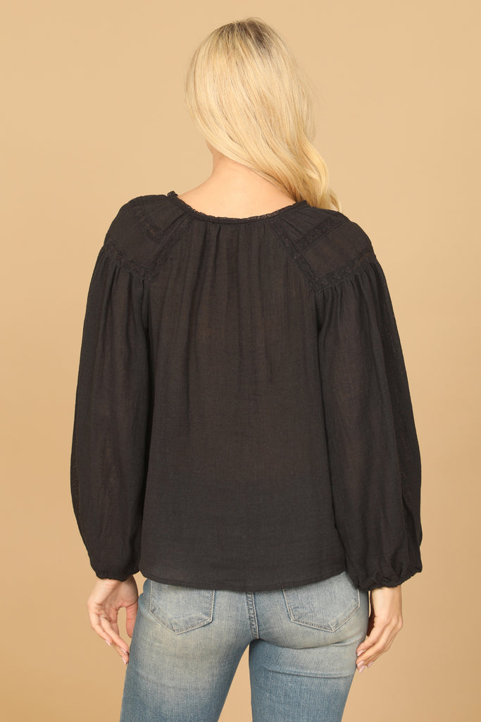 LONG PUFF SLEEVE NOTCH NECK LACE TOP