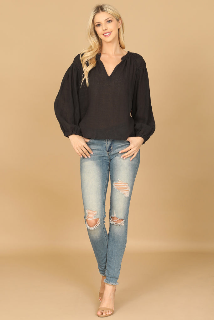 LONG PUFF SLEEVE NOTCH NECK LACE TOP