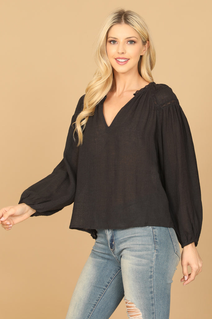 LONG PUFF SLEEVE NOTCH NECK LACE TOP