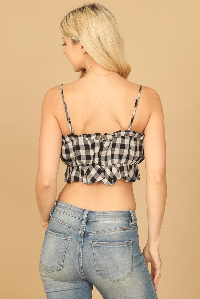 SPAGHETTI STRAP RUFFLE CHECKERED CROP TOP